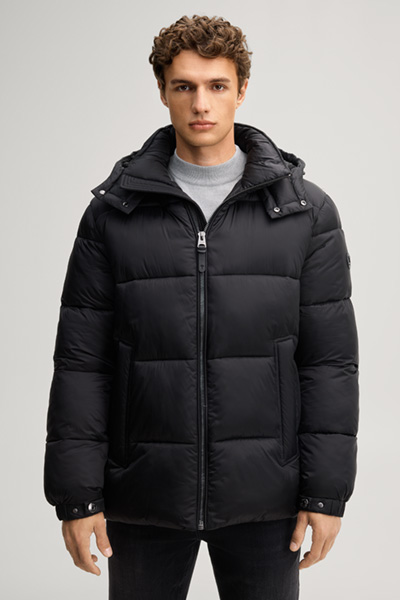 Leads to product detail page "Black hooded quilted jacket"