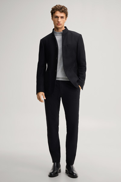 Leads to product detail page "Black suit jacket with a stand-up collar"