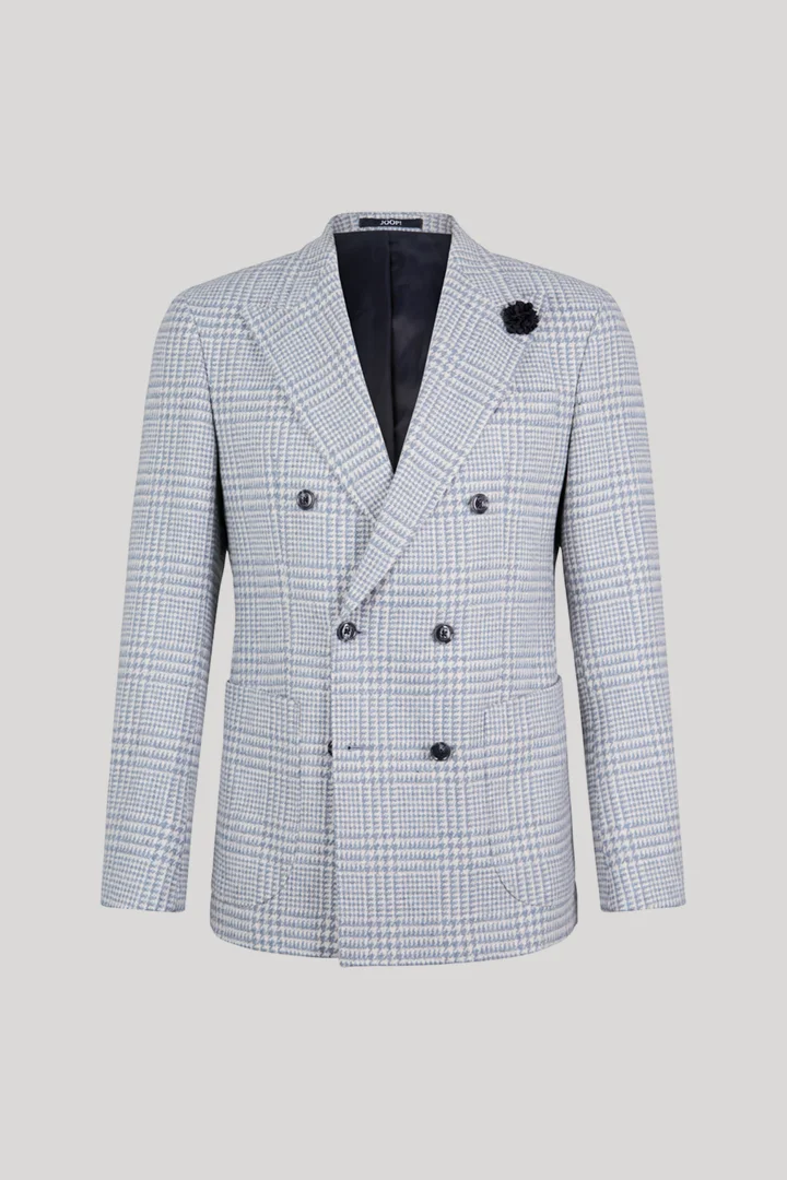 Double-breasted suit jacket in a wool blend with a medium blue checked pattern