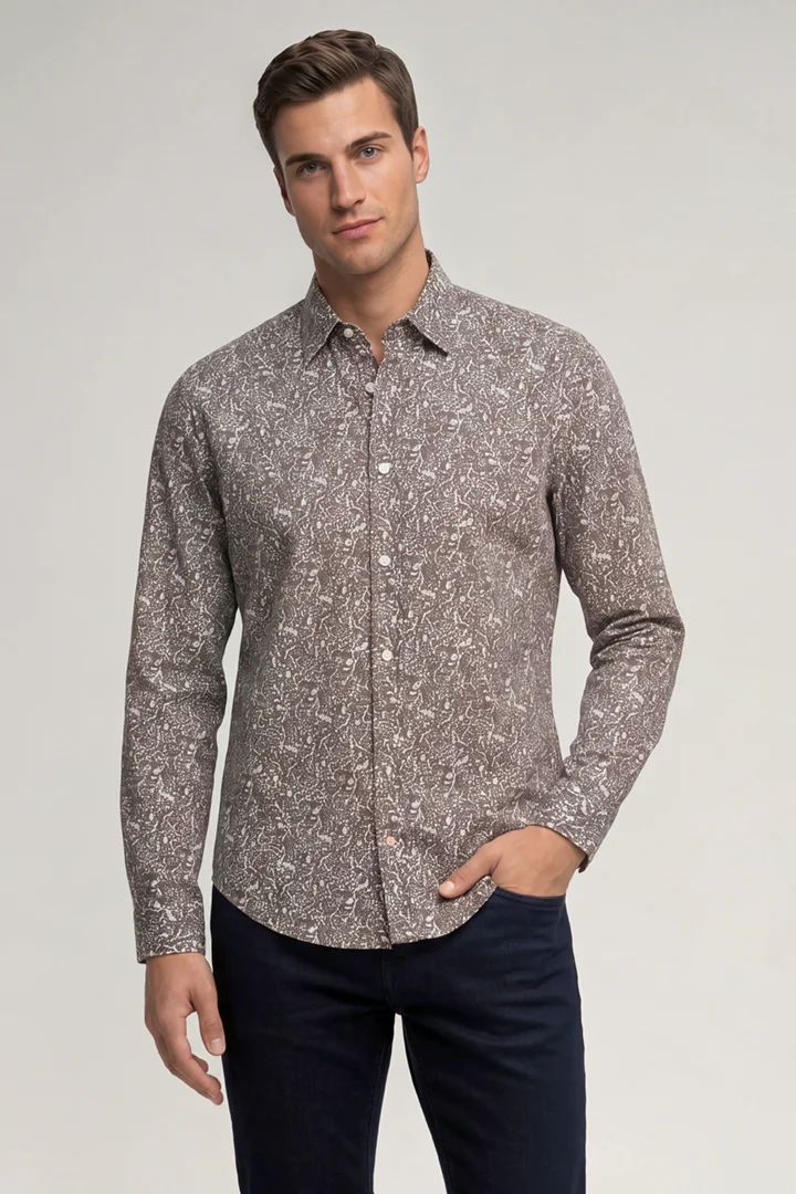 Leads to product detail page "Brown patterned shirt"