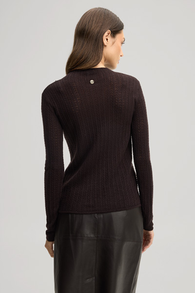 Leads to product detail page "Dark brown woollen jumper with a stand-up collar"