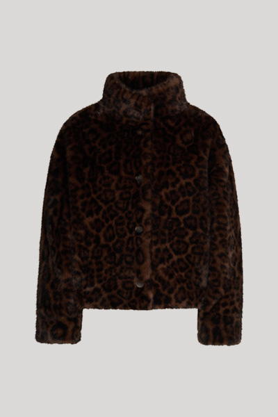 Leads to product detail page "Faux fur leopard-print jacket in dark brown and black pattern"