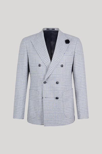 Double-breasted suit jacket in a wool blend with a medium blue checked pattern