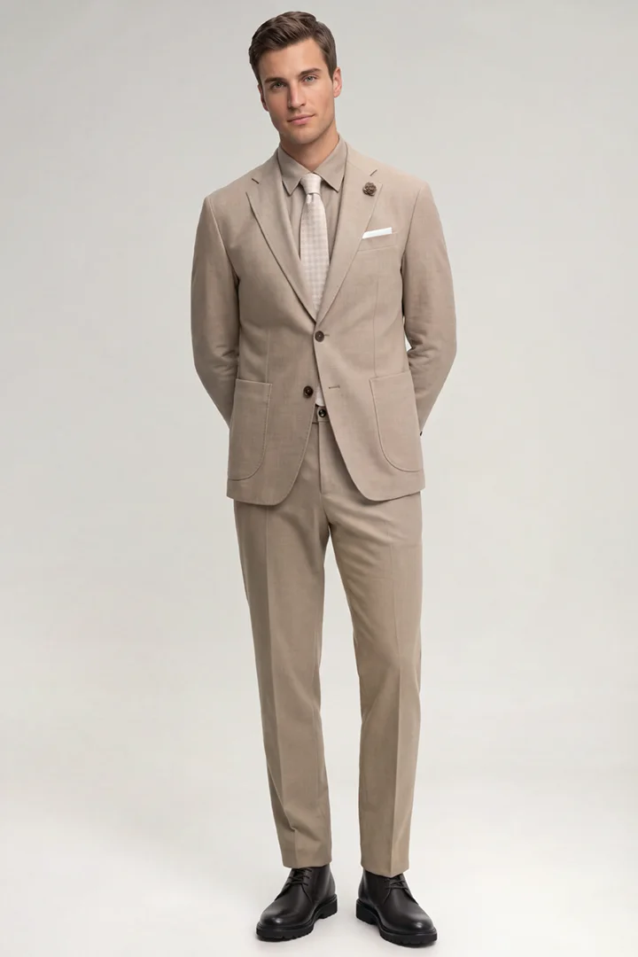 Leads to product detail page "Beige suit trousers"