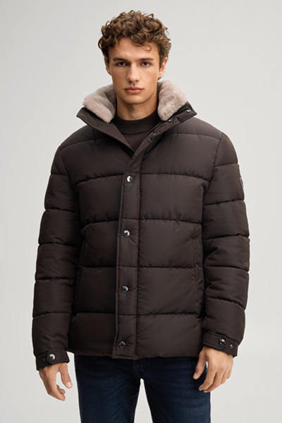 Leads to product detail page "Quilted jacket with a lined stand-up collar in dark brown"