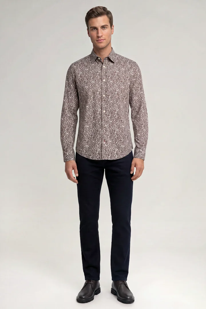 Leads to product detail page "Brown patterned shirt"