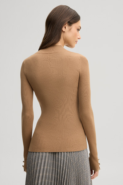 Leads to product detail page "Viscose-blend jumper with a stand-up collar in camel"