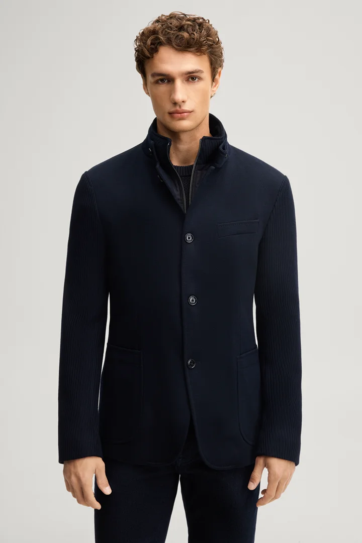 Leads to product detail page "Navy structured suit jacket with a stand-up collar"