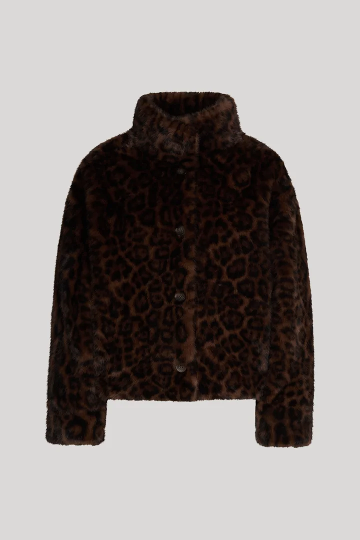 Leads to product detail page "Faux fur leopard-print jacket in dark brown and black pattern"