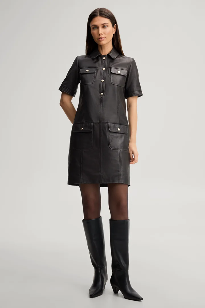 Leads to product detail page "Dark brown leather dress"