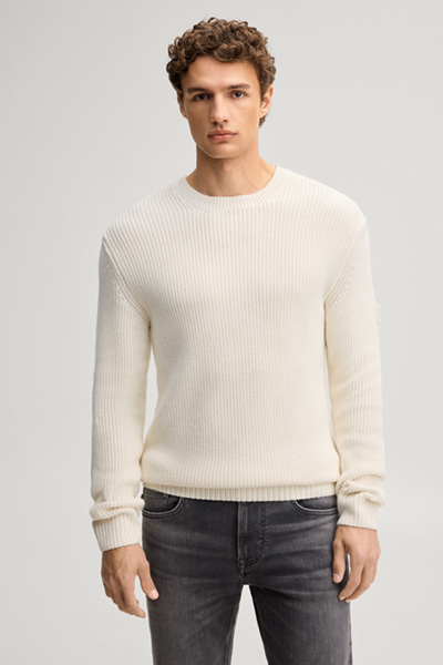 Leads to product detail page "Beige structured cotton crew-neck jumper"