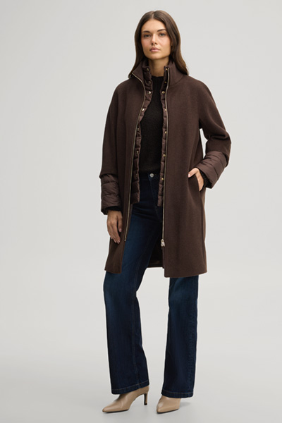 Leads to product detail page "Wool-blend coat with inlay in dark brown"