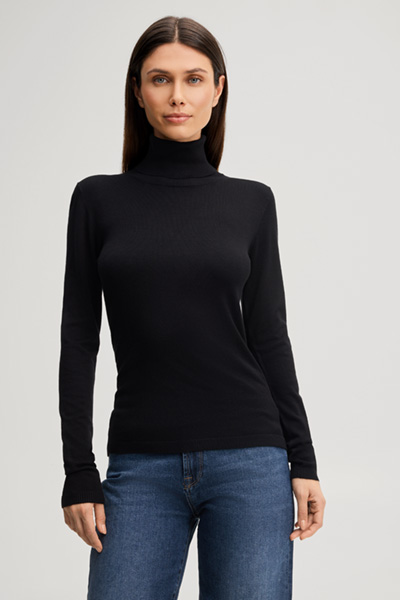Leads to product detail page "Black viscose roll-neck jumper"