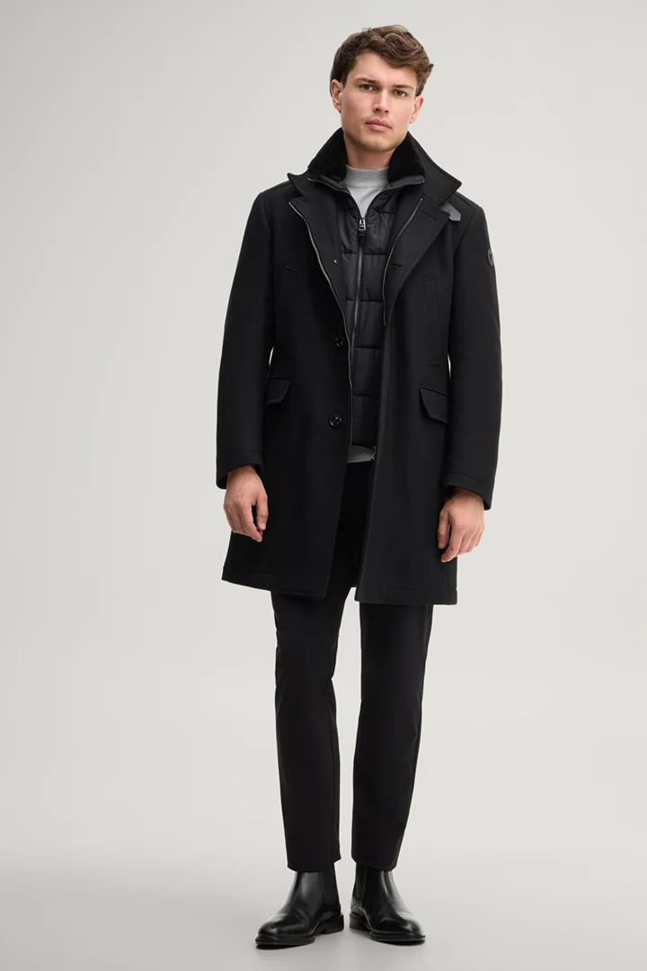 Leads to product detail page "Black wool-blend coat"