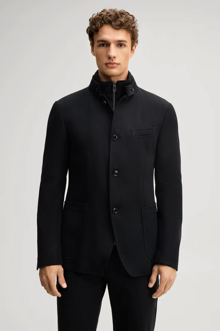 Leads to product detail page "Black suit jacket with a stand-up collar"