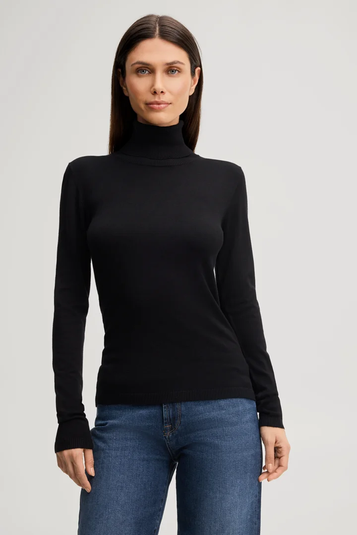 Leads to product detail page "Black viscose roll-neck jumper"