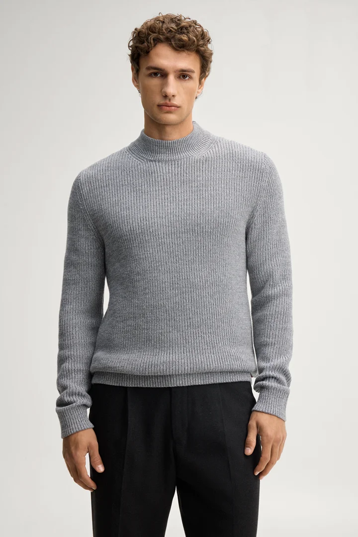 Leads to product detail page "Mid-grey jumper with a stand-up collar"