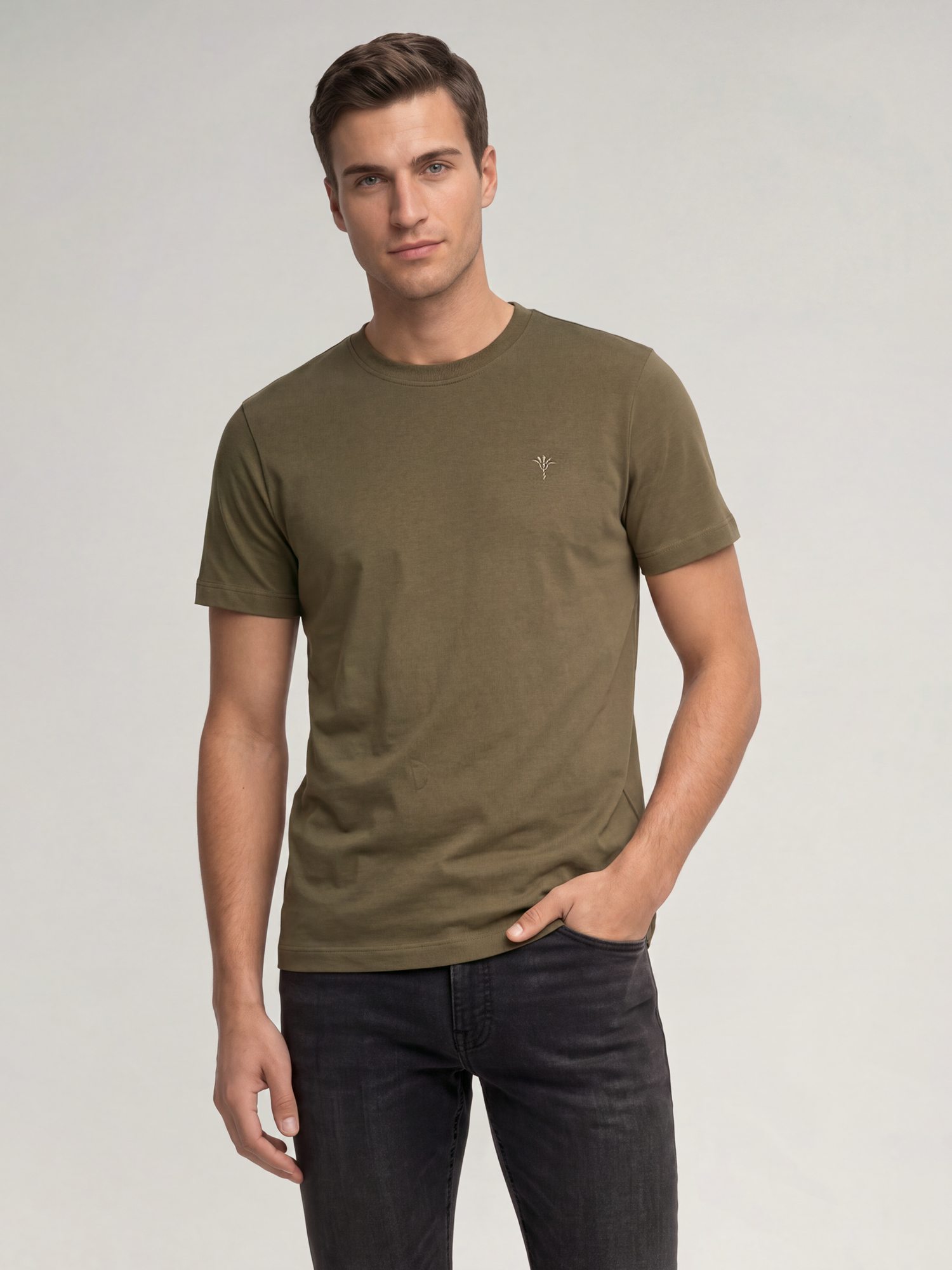 Leads to product detail page "Khaki cotton t-shirt"