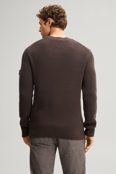 Leads to product detail page "Structured dark brown cotton crew-neck jumper"