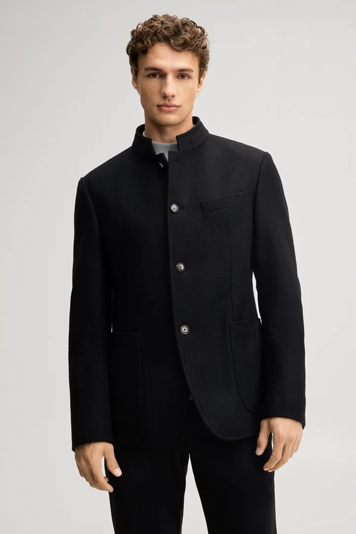 Leads to product detail page "Black suit jacket with a stand-up collar"