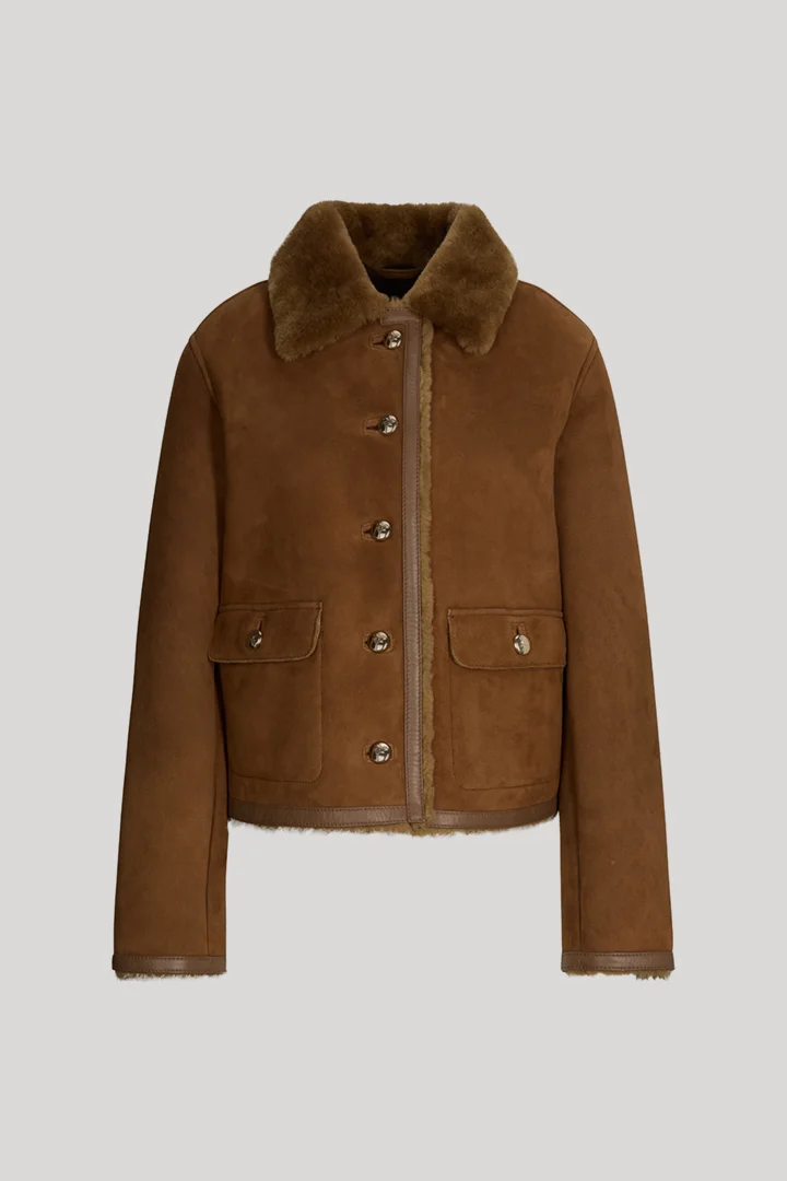 Leads to product detail page "Brown lambskin shirt jacket"