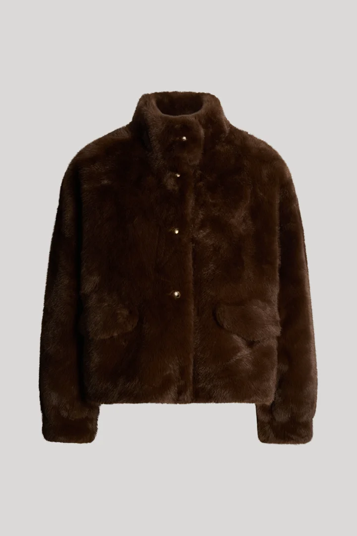 JOOP! presents the product Faux fur jacket with a stand-up collar in dark brown from the category Jackets as a cut-out