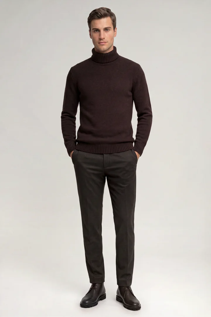 Leads to product detail page "Dark brown woollen turtleneck jumper"