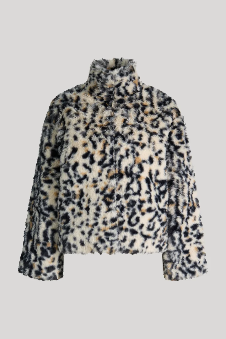 Faux fur jacket with a stand-up collar in a beige and black pattern