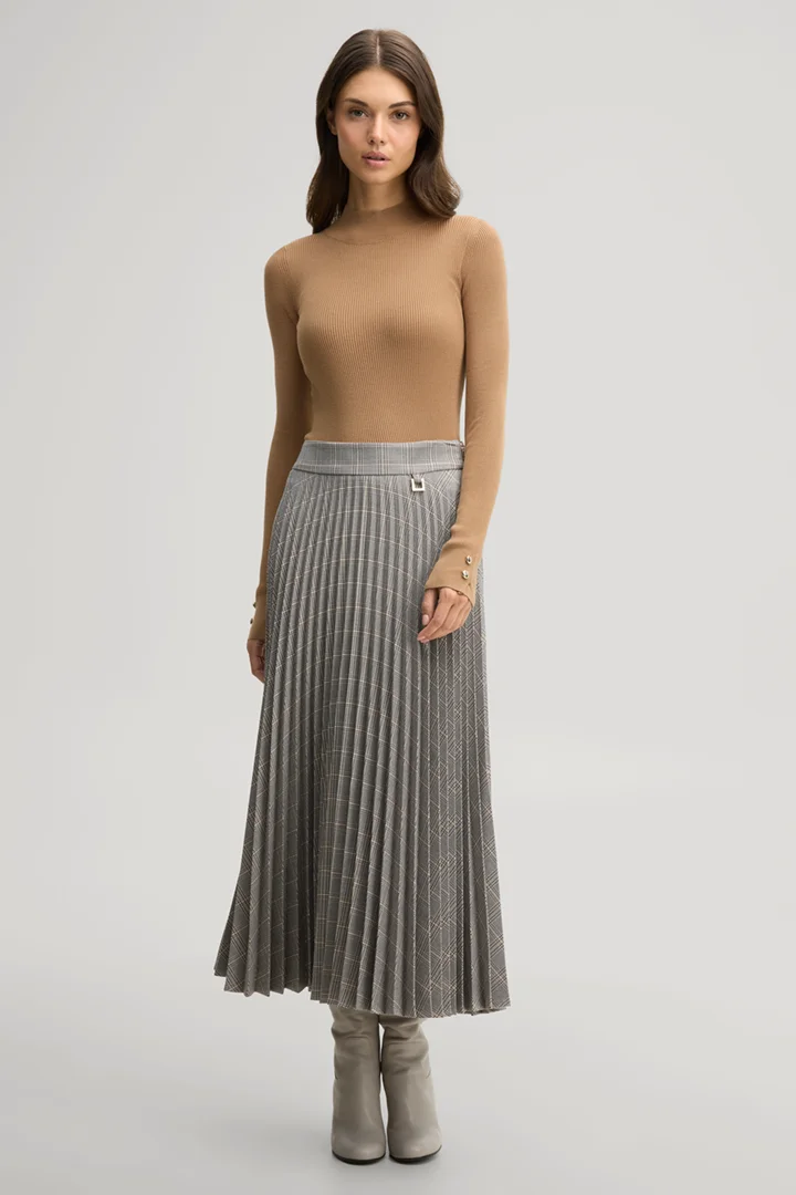 Leads to product detail page "Viscose-blend jumper with a stand-up collar in camel"