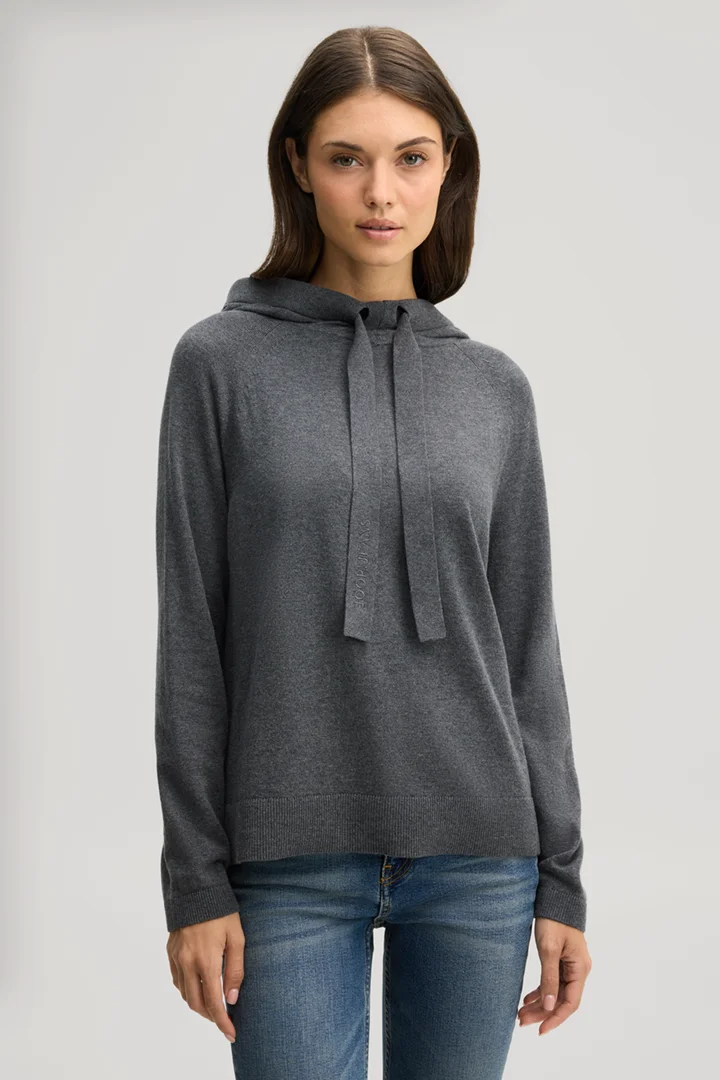 Führt zu Produktdetailseite „Wollmix-Strick-Hoodie in Dunkelgrau meliert"