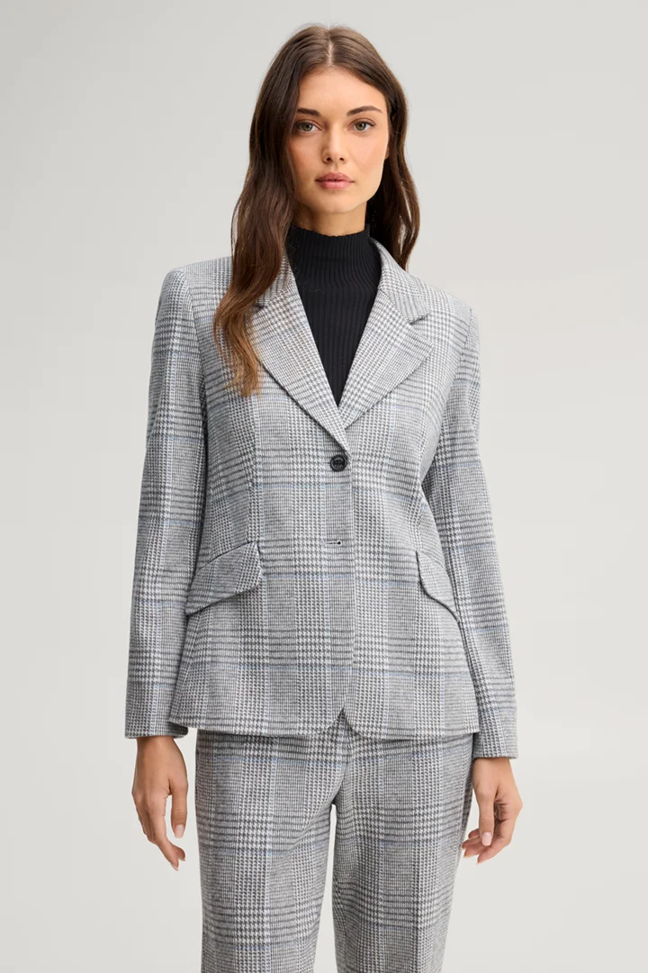 Leads to product detail page "Grey and ecru checked jersey blazer"