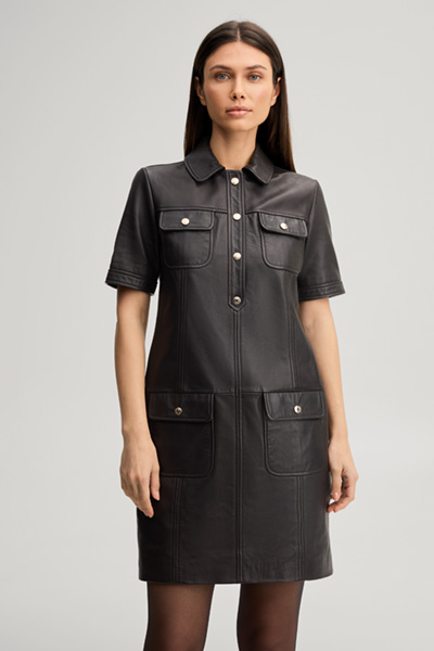 Leads to product detail page "Dark brown leather dress"