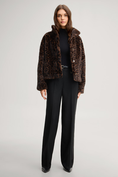 Leads to product detail page "Faux fur leopard-print jacket in dark brown and black pattern"