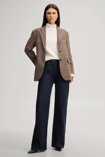 Leads to product detail page "Wool-blend boyfriend blazer in brown and purple checked pattern"