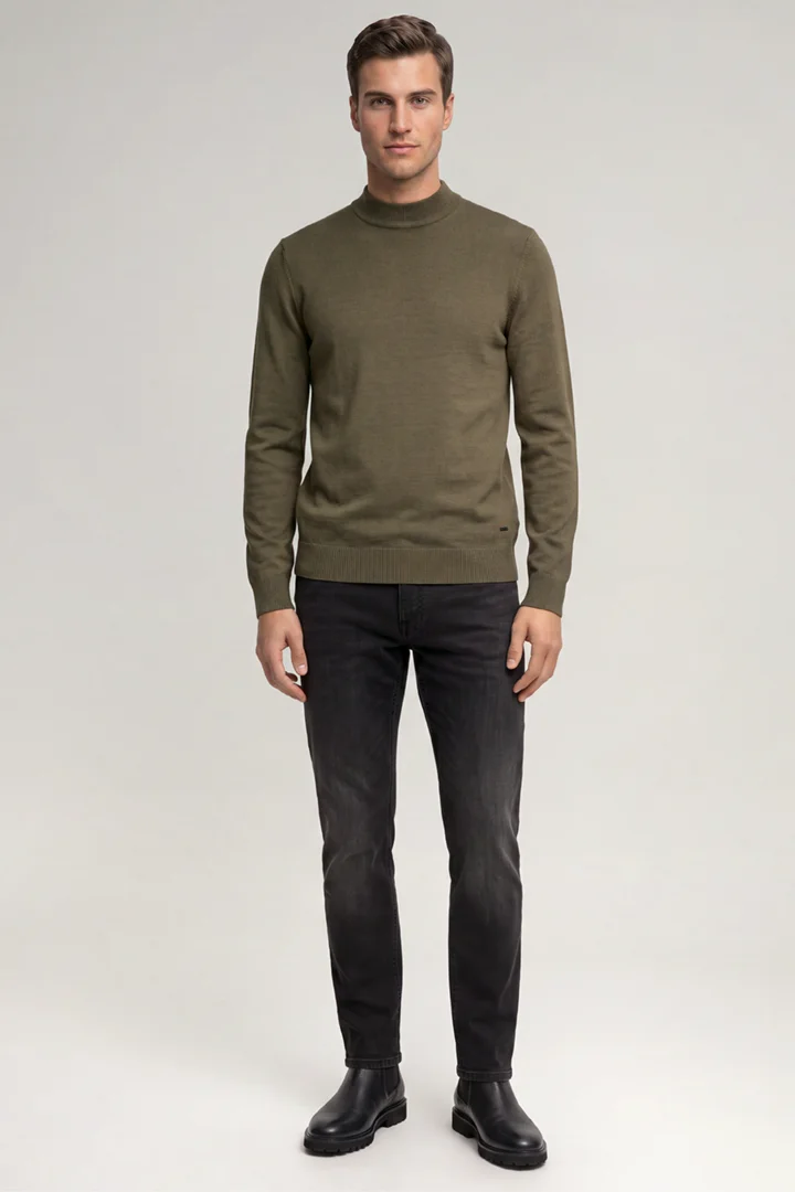 Leads to product detail page "Dark green virgin wool crew-neck jumper"