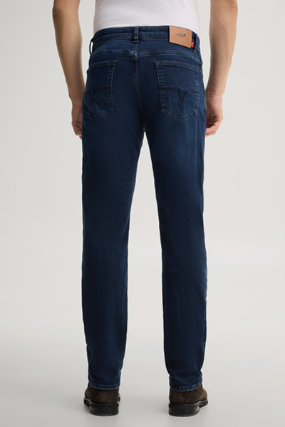 Leads to product detail page "Blue stretch five-pocket jeans"