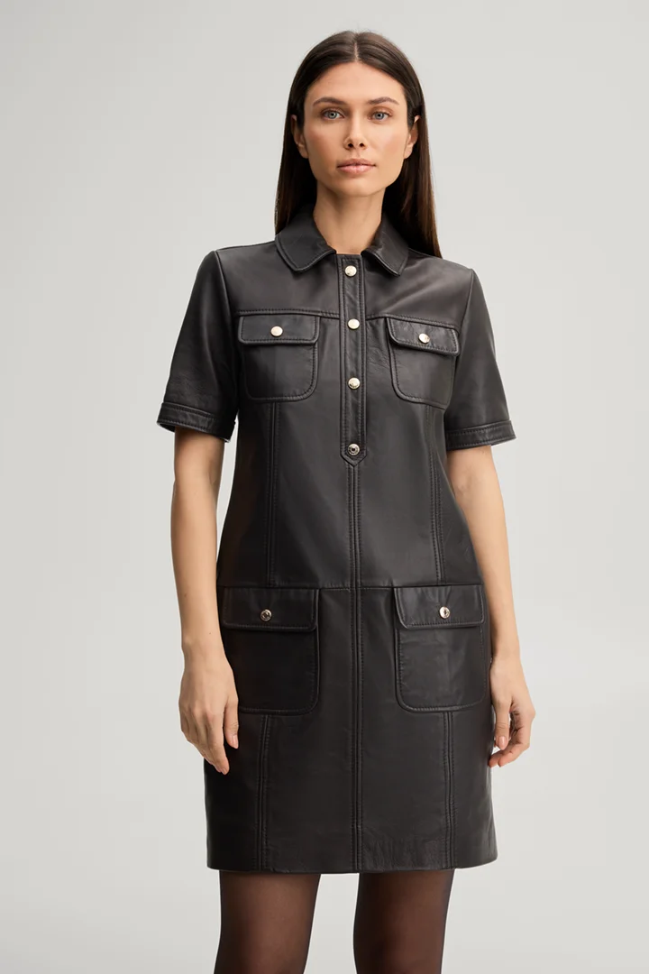 Leads to product detail page "Dark brown leather dress"