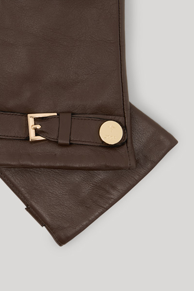 Leads to product detail page "Lined gloves made from dark brown lamb nappa leather"
