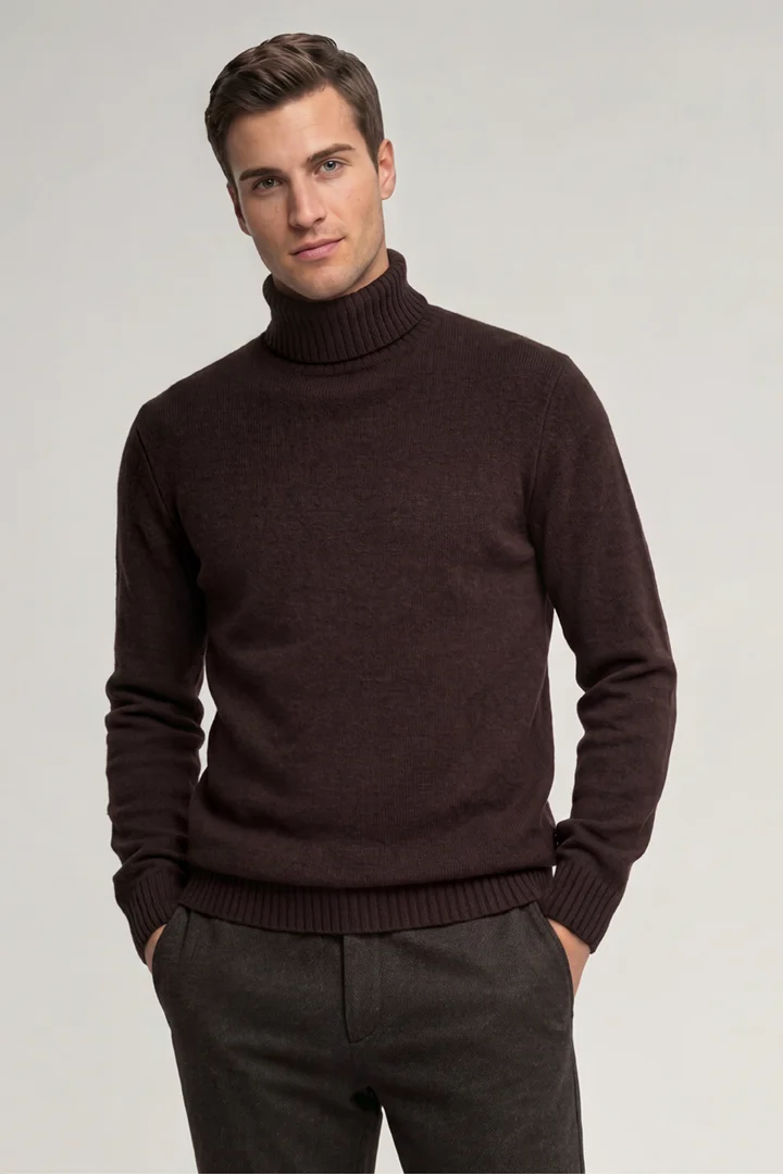 Leads to product detail page "Dark brown woollen turtleneck jumper"