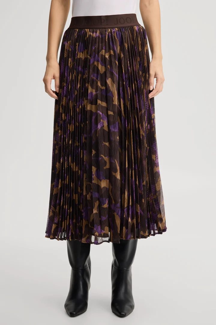 Führt zu Produktdetailseite „Chiffon-Midi-Rock in Braun-Lila gemustert"