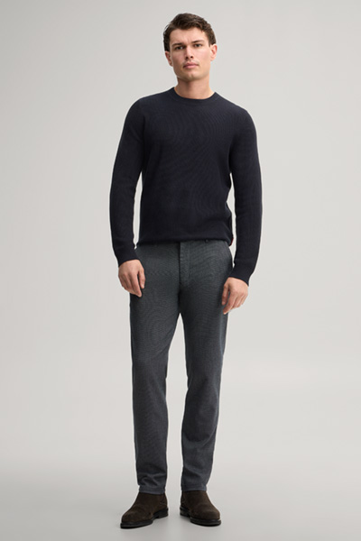 Leads to product detail page "Patterned navy chinos"