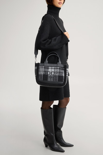 Leads to product detail page "Calduccio quadro yvette handbag in black and grey chequered"