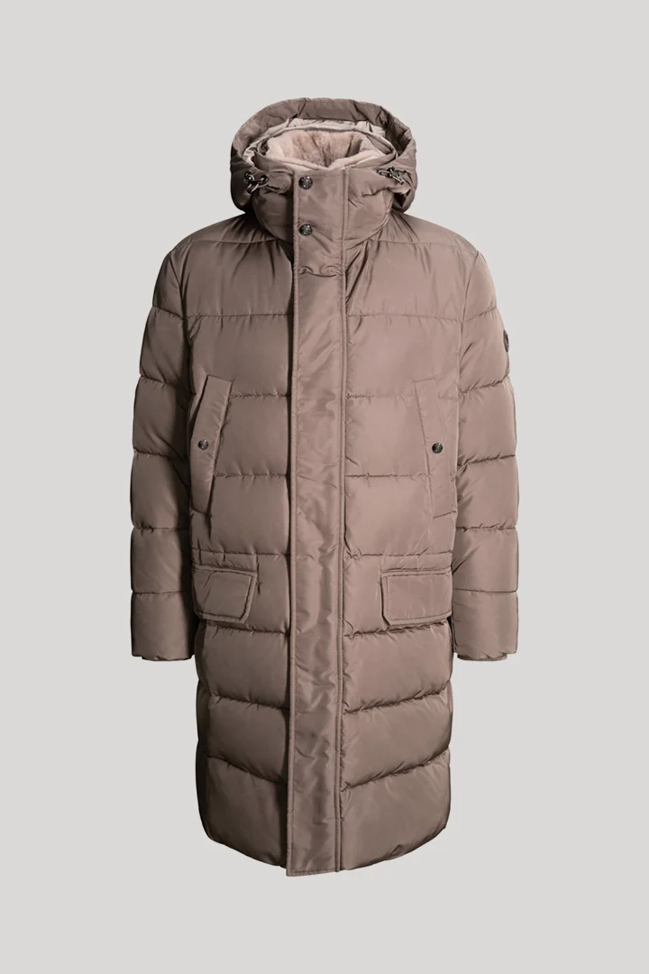Quilted coat with hood in taupe