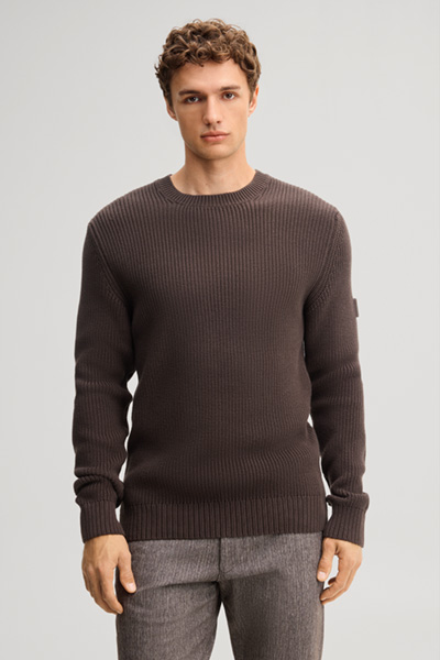 Leads to product detail page "Structured dark brown cotton crew-neck jumper"