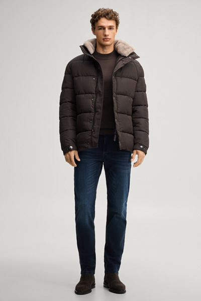 Leads to product detail page "Quilted jacket with a lined stand-up collar in dark brown"