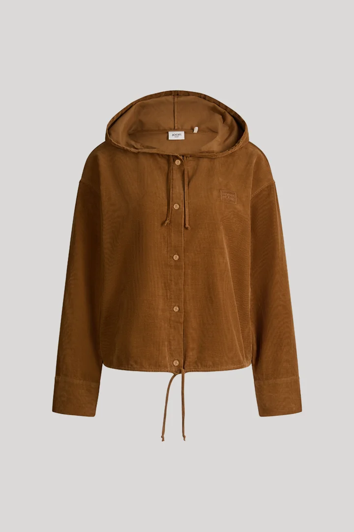 Leads to product detail page "Light brown corduroy blouse with a hood"