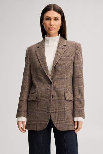 Leads to product detail page "Wool-blend boyfriend blazer in brown and purple checked pattern"