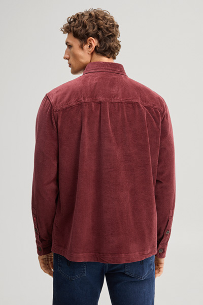 Leads to product detail page "Red Corduroy Overshirt"