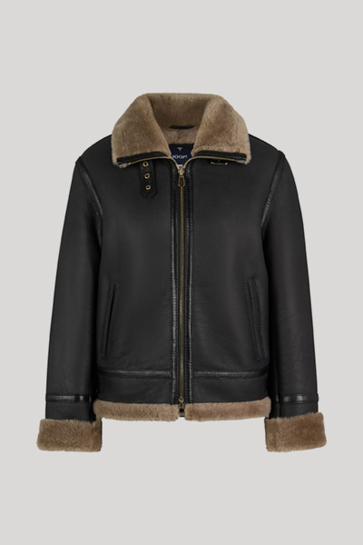 Lammfell-Bikerjacke in Schwarz mit Beigen Fell