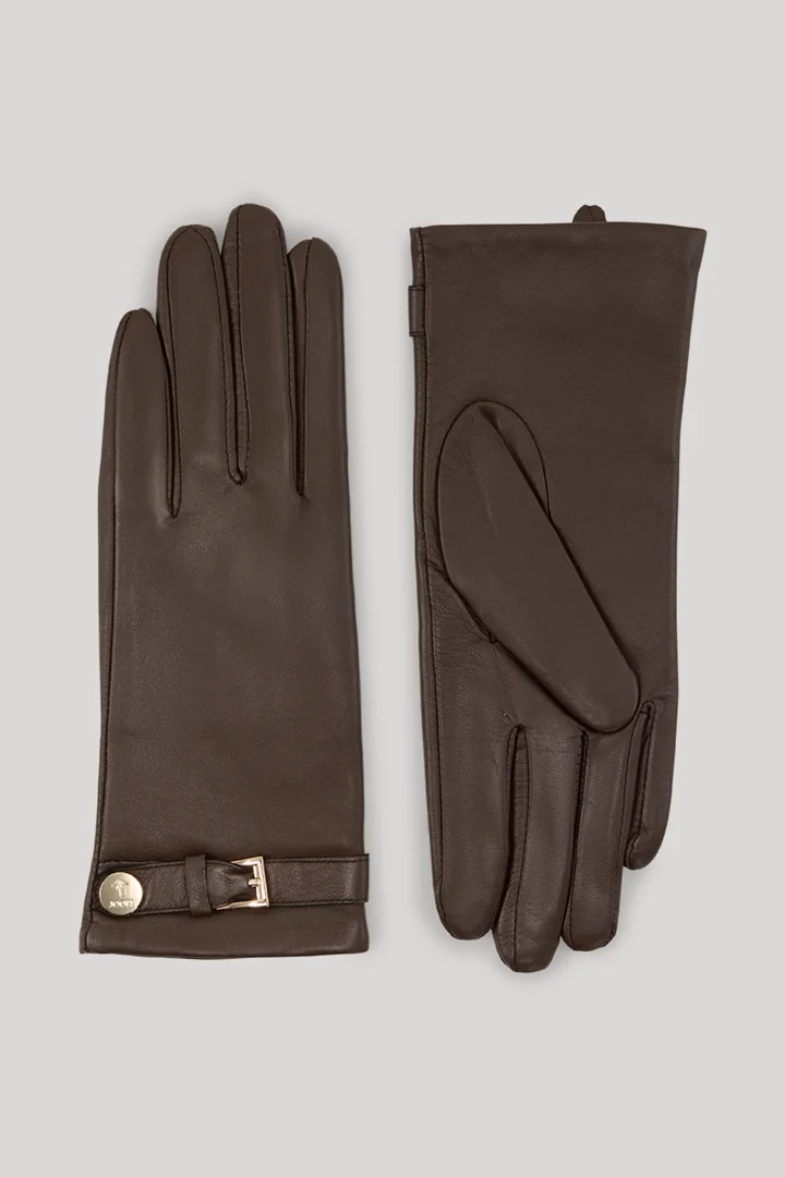 Leads to product detail page "Lined gloves made from dark brown lamb nappa leather"